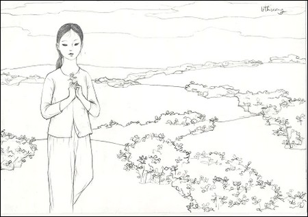"Người gái nhỏ hậu phương" "tím chiều hoang biền biệt" của Hữu Loan - Minh họa của Lê Thương (NCTG)