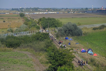 Đoạn biên giới Hungary - Serbia vẫn còn bỏ ngỏ vì có đường xe lửa chạy qua, là nơi người tỵ nạn tràn từ Serbia sang Hung trong những ngày qua. Cách đó không xa là khu tiếp nhận người tỵ nạn ở Röszke - Ảnh: Molnár Edvárd (MTI)