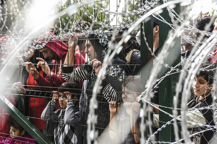 Phụ nữ và trẻ em đứng trước hàng rào ngăn cách Serbia - Hungary với mong mỏi vào EU - Ảnh: Armend Nimani (AFP)