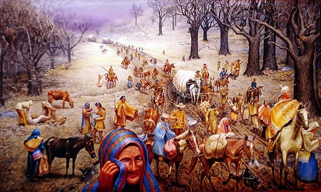 Tranh “Lối Mòn Đẫm Lệ”, năm 1839 người Mỹ trắng đuổi 125.000 người Đa Đỏ Cherokee chiếm khu đất mầu mỡ ven sông Mississippi. 10.000 người Cherokee chết dọc đường trước khi đến được nơi chỉ định