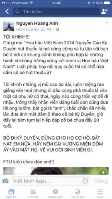 Status gâay bão trên mạng của giảng viên Nguyễn Hoàng Ánh - Ảnh chụp màn hình