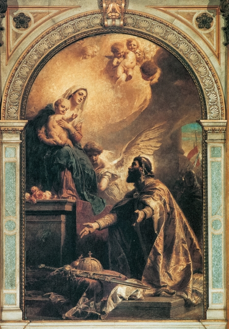 Họa phẩm “Szent István dâng hiến nước Hung cho Đức Mẹ Maria” (Benczúr Gyula, 1901), hiện đặt tại Vương cung Thánh đường Budapest