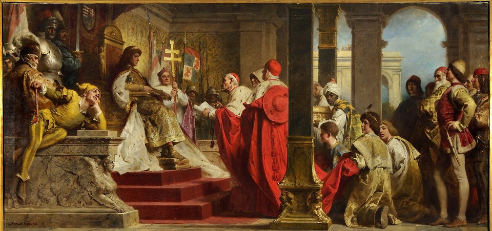 “Vua Mátyás tiếp các sứ giả của Giáo hoàng” (1915), tranh của danh họa Benczúr Gyula (1844-1920), bậc thầy nổi tiếng nhất của trường phái hội họa lịch sử Hungary thế kỷ 19