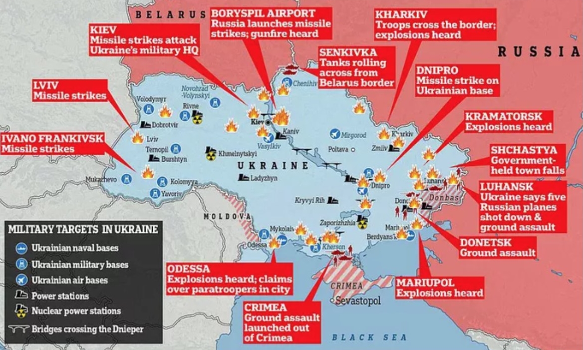 Tổng tấn công trên khắp nước Ukraine, ngày 24/2/2022 - Ảnh: “Daily Mail”