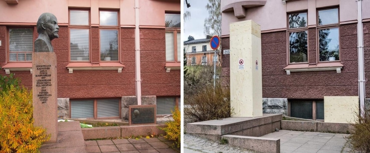 Tượng Lenin và tấm phù điêu trước và sau khi được che - Ảnh: VXQ (trái) và Turun Sanomat (phải)