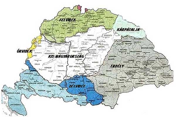 Vùng Kárpátalja (tức Закарпатська область, từ năm 1991 thuộc Cộng hòa Ukraine) trên bản đồ Vương quốc Hungary, khi đó có diện tích hơn gấp 3 lần nước Hung hiện tại